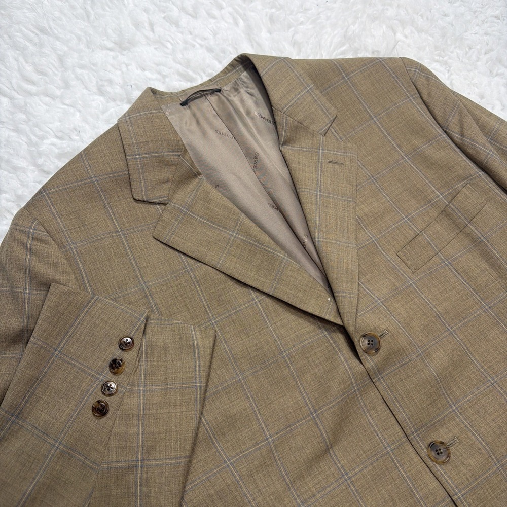 HERMES Mens Sport Coat Blazer Beige Tan Windowpane Checked 42R Wedding Flaws**